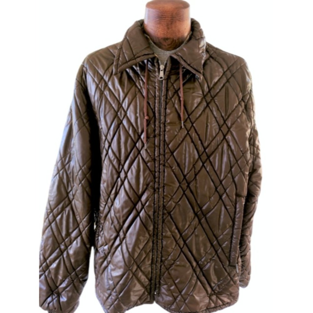 VTG CAMPUS Men's Olive Brown Full Zip Diamond Quilted Puffer Coat Jacket Size 52